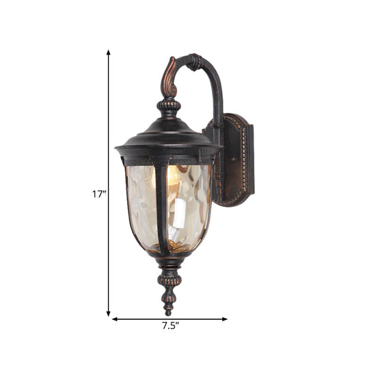 Farmhouse Clear Dimple Glass Wall Lamp - 1 Light Courtyard Lighting In Black With Curved Arm