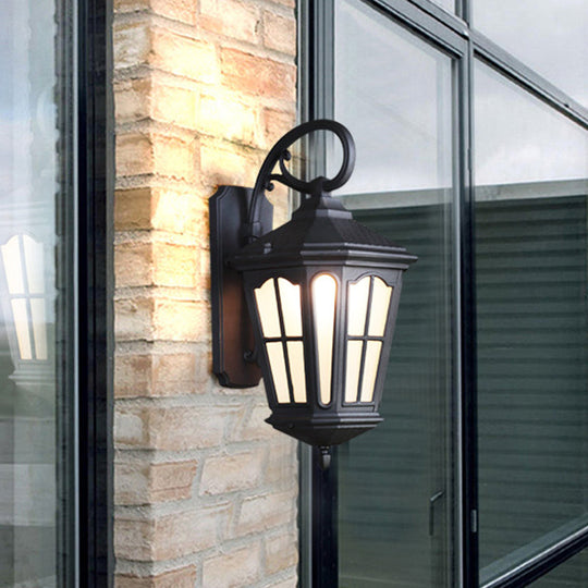 Lodge Style 1-Light Lantern Wall Sconce - White Glass Textured Black/Coffee Finish Black