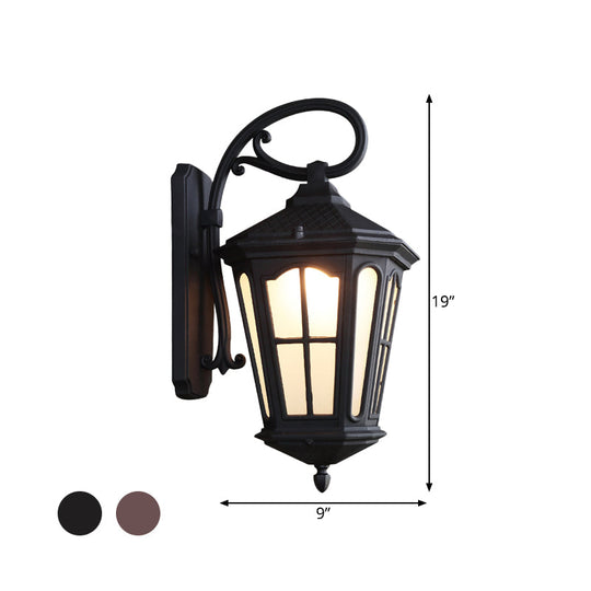 Lodge Style 1-Light Lantern Wall Sconce - White Glass Textured Black/Coffee Finish