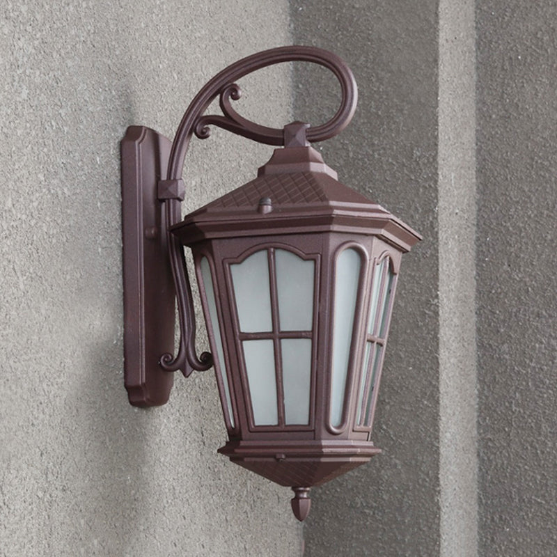 Lodge Style 1-Light Lantern Wall Sconce - White Glass Textured Black/Coffee Finish