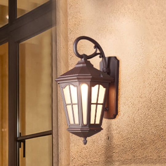 Lodge Style 1-Light Lantern Wall Sconce - White Glass Textured Black/Coffee Finish