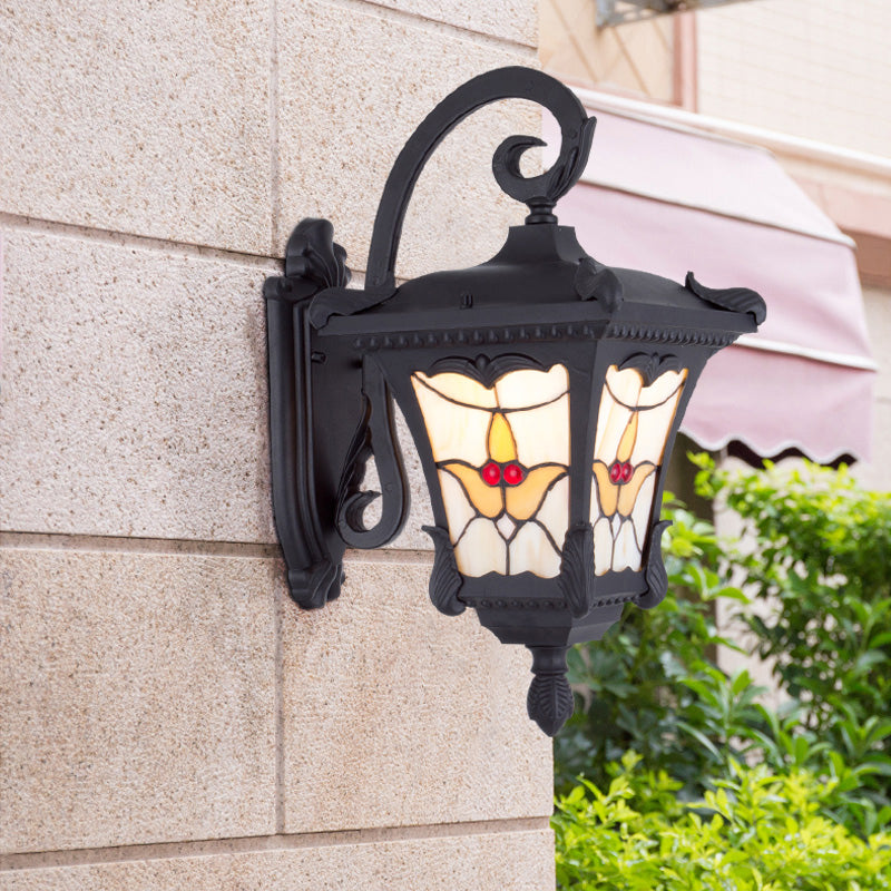 Vintage Black Lantern Wall Sconce: Flower Patterned Patio Mount Light