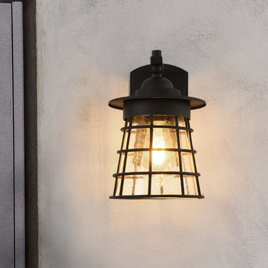 Clear Ripple Glass Wall Sconce - Conical Yard Light Black Finish Mounted Lamp With Cage Cottage