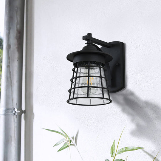 Clear Ripple Glass Wall Sconce - Conical Yard Light Black Finish Mounted Lamp With Cage Cottage