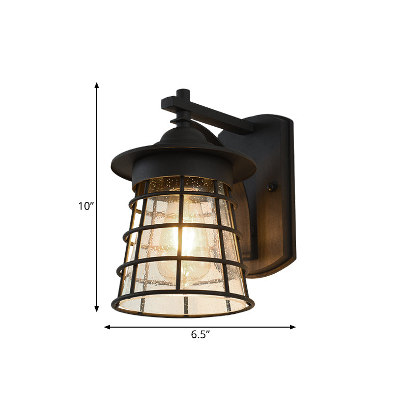 Clear Ripple Glass Wall Sconce - Conical Yard Light Black Finish Mounted Lamp With Cage Cottage