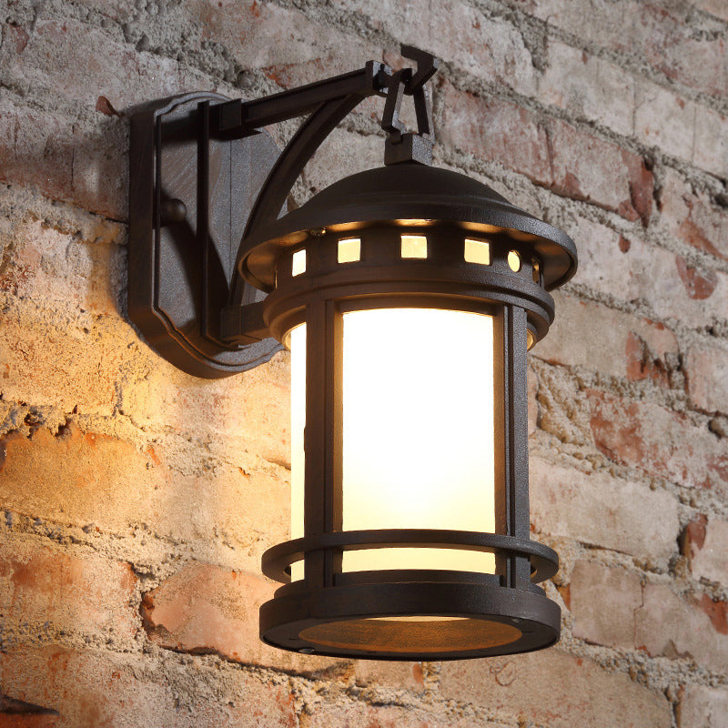 Country Style Black/Coffee Wall Lamp With Glass Cylinder For Courtyard - 1 Bulb Mounted Lighting