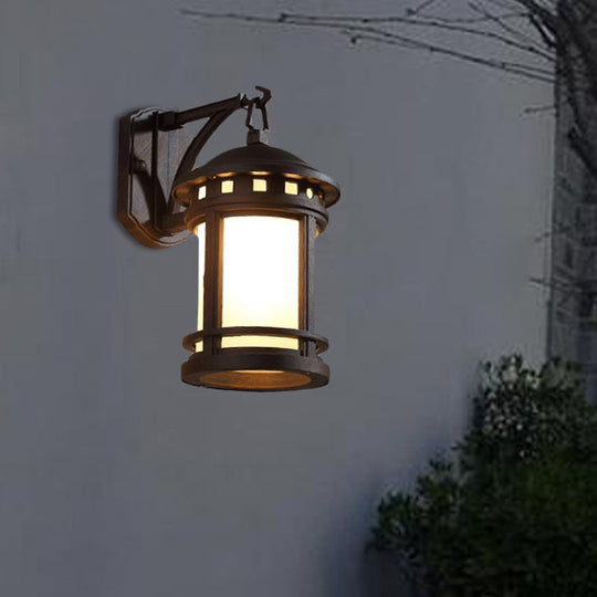 Country Style Black/Coffee Wall Lamp With Glass Cylinder For Courtyard - 1 Bulb Mounted Lighting