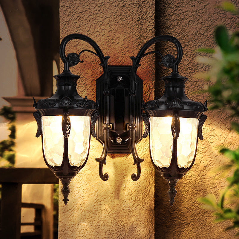 Farmhouse Style Wall Sconce With Dimpled Glass Shade And Scrolled Arms - Iron Black/Bronze 2 Lights