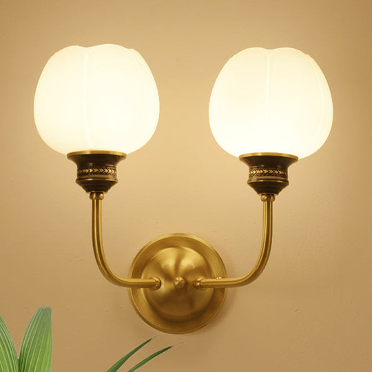 Gold Antique Sconce Light Fixture With Milky Glass Bud - Wall Mounted Lamp For Living Room