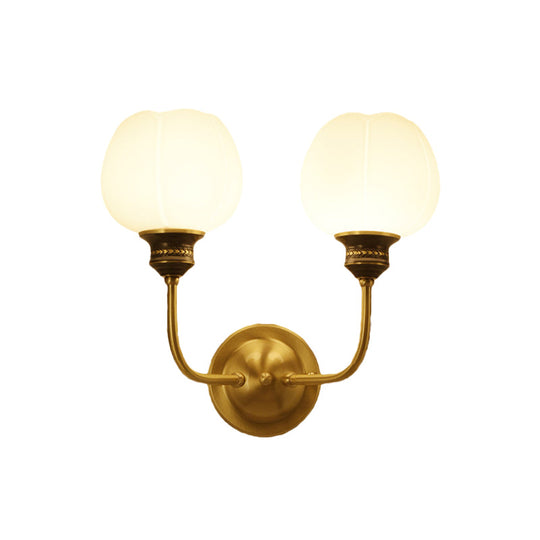 Gold Antique Sconce Light Fixture With Milky Glass Bud - Wall Mounted Lamp For Living Room