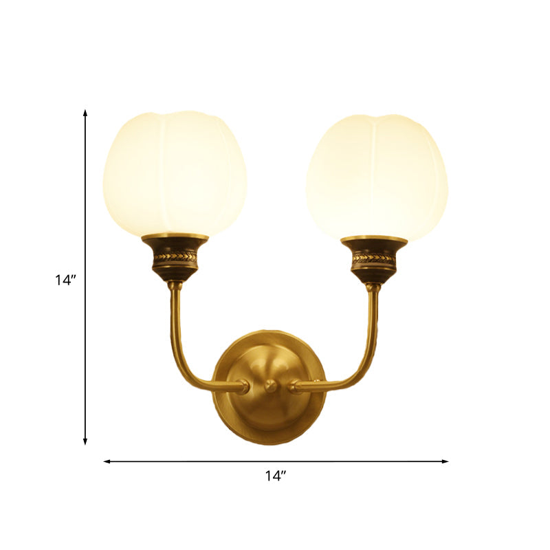 Gold Antique Sconce Light Fixture With Milky Glass Bud - Wall Mounted Lamp For Living Room