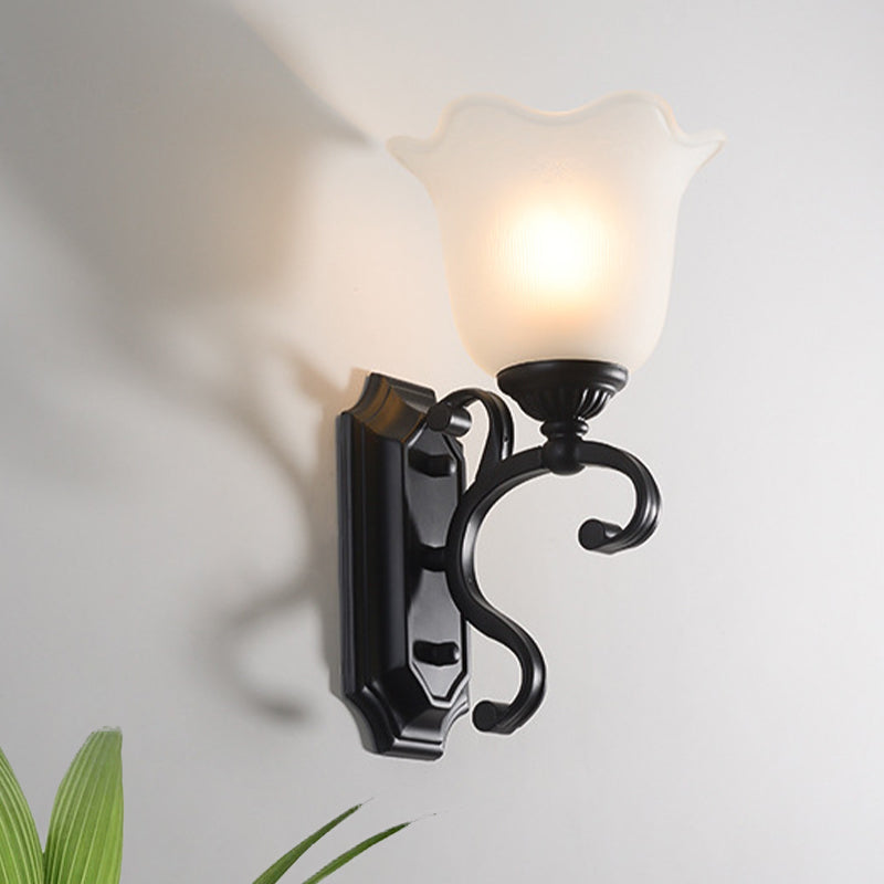 Antique Milk Glass Floral Wall Lamp - Black 1-Bulb Sconce Fixture For Living Room Lighting