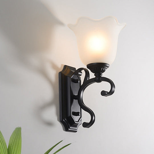 Antique Milk Glass Floral Wall Lamp - Black 1-Bulb Sconce Fixture For Living Room Lighting