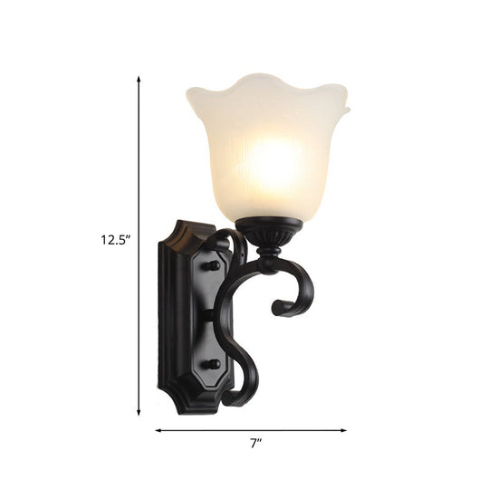 Antique Milk Glass Floral Wall Lamp - Black 1-Bulb Sconce Fixture For Living Room Lighting