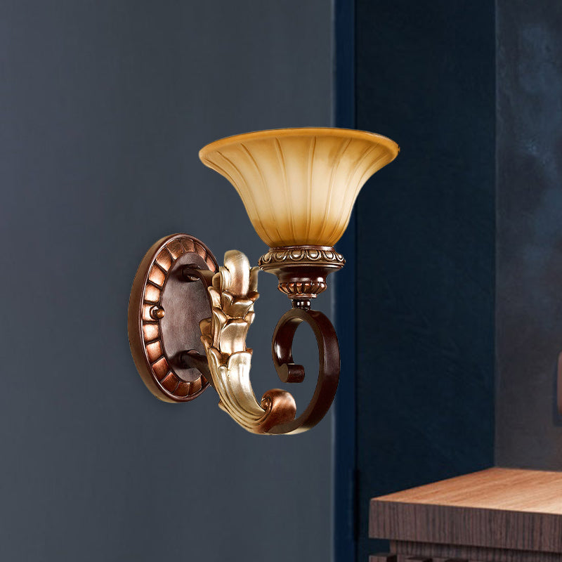 Amber Glass Wall Sconce: Traditional Flared 1-Light Bronze Light With Curved Arm - For Living Room