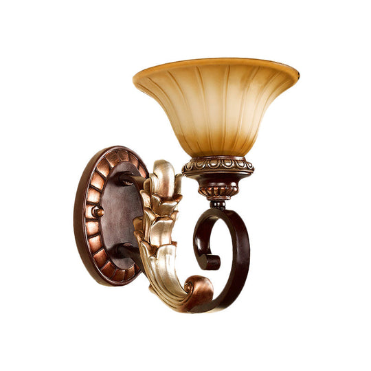 Amber Glass Wall Sconce: Traditional Flared 1-Light Bronze Light With Curved Arm - For Living Room