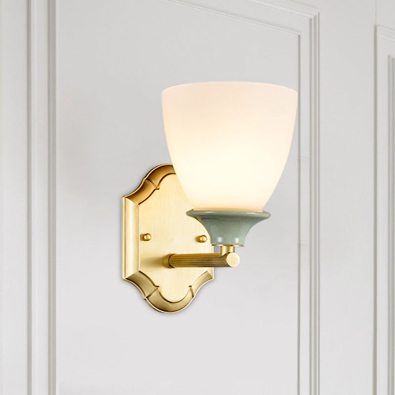 Gold Cream Glass Wall Lamp - Traditional Light With Straight Arm And Single Bulb