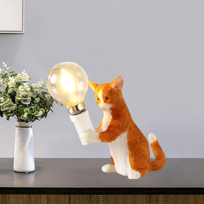 Tabby Cat Table Lamp For Kids - Iron Nightstand Light With Bare Bulb Design Black/Yellow/Blue