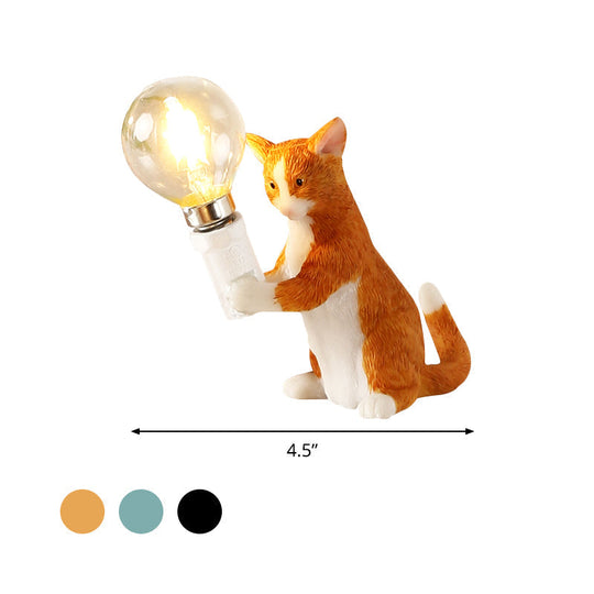 Tabby Cat Table Lamp For Kids - Iron Nightstand Light With Bare Bulb Design Black/Yellow/Blue