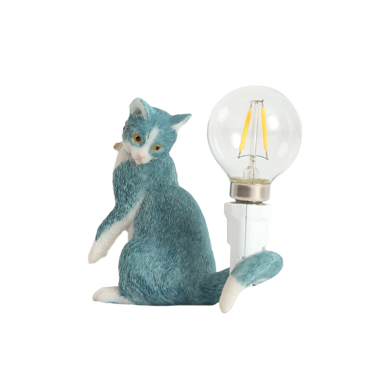 Tabby Cat Table Lamp For Kids - Iron Nightstand Light With Bare Bulb Design Black/Yellow/Blue