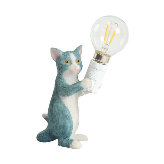 Tabby Cat Table Lamp For Kids - Iron Nightstand Light With Bare Bulb Design Black/Yellow/Blue