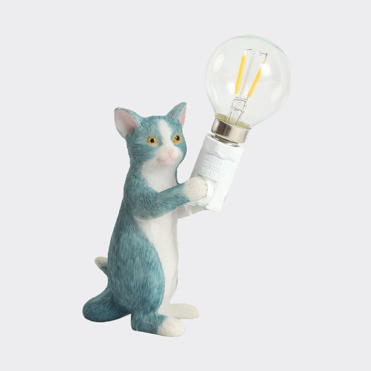 Tabby Cat Table Lamp For Kids - Iron Nightstand Light With Bare Bulb Design Black/Yellow/Blue