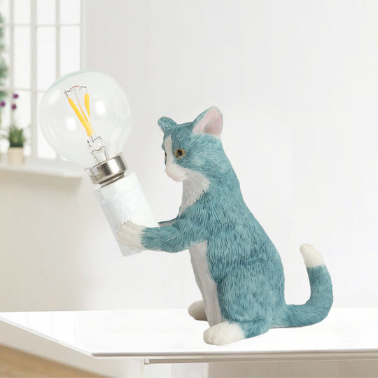 Tabby Cat Table Lamp For Kids - Iron Nightstand Light With Bare Bulb Design Black/Yellow/Blue