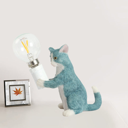 Tabby Cat Table Lamp For Kids - Iron Nightstand Light With Bare Bulb Design Black/Yellow/Blue