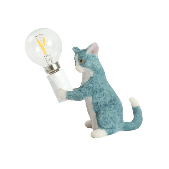 Tabby Cat Table Lamp For Kids - Iron Nightstand Light With Bare Bulb Design Black/Yellow/Blue