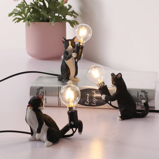 Tabby Cat Table Lamp For Kids - Iron Nightstand Light With Bare Bulb Design Black/Yellow/Blue Black