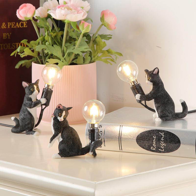 Tabby Cat Table Lamp For Kids - Iron Nightstand Light With Bare Bulb Design Black/Yellow/Blue