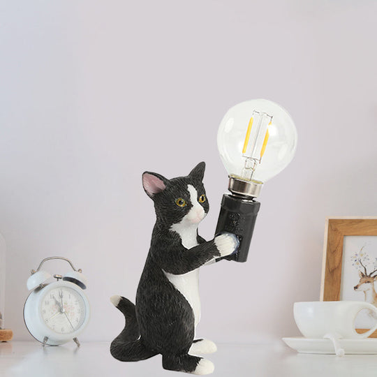 Tabby Cat Table Lamp For Kids - Iron Nightstand Light With Bare Bulb Design Black/Yellow/Blue