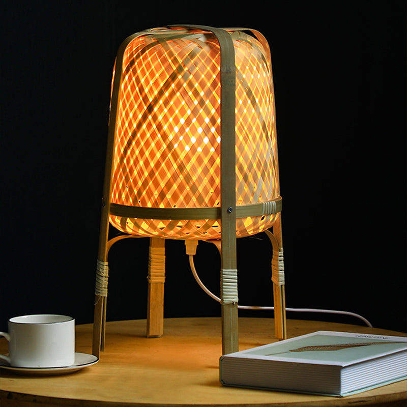 Hand-Woven Beige Asian Style Bamboo Rattan Night Lamp With Table Light - 1 Bulb For Bedside