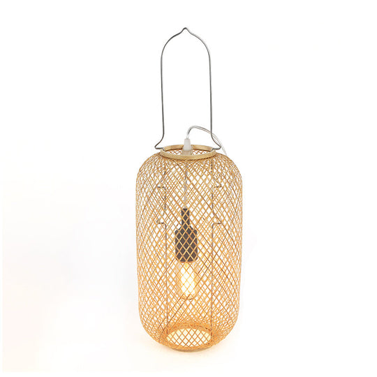 1-Head Asian-Style Flaxen Cylinder Cage Nightstand Lamp With Bamboo Rattan Shade