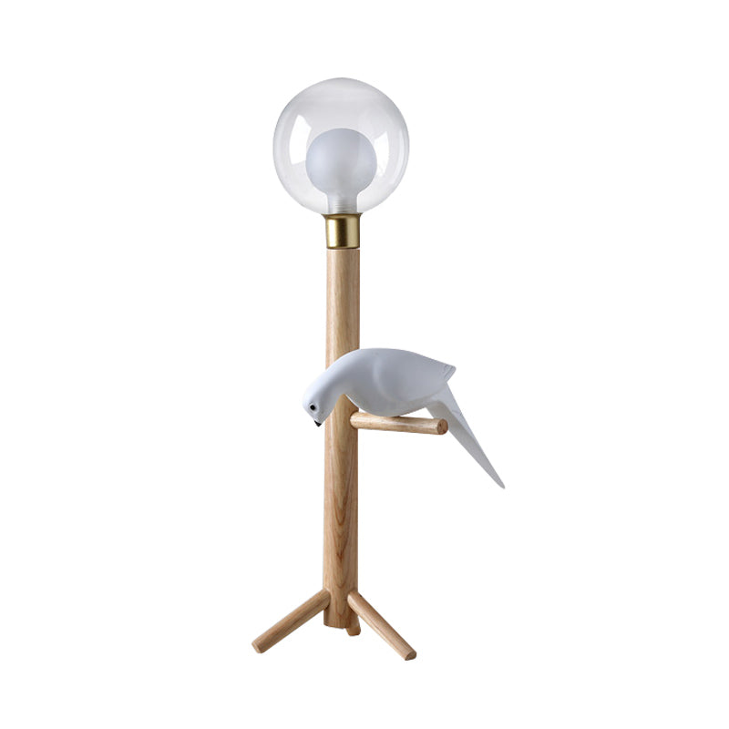 Modernist Wood Table Lamp With Clear Glass Sphere Night Light And Bird Decoled