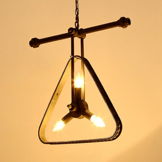 Vintage Style Triangle Chandelier With Metallic Finish And Wire Frame - 3 Lights Black/Red Black