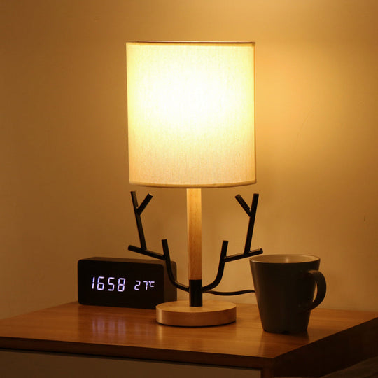 Modern Wood Branch Night Table Lamp - Black 1-Light Reading Light With Fabric Shade For Bedroom