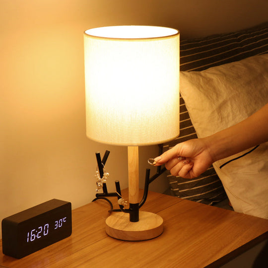 Modern Wood Branch Night Table Lamp - Black 1-Light Reading Light With Fabric Shade For Bedroom