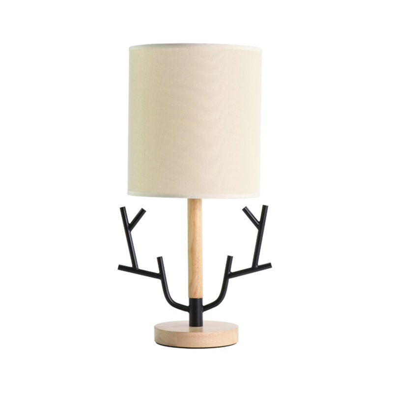 Modern Wood Branch Night Table Lamp - Black 1-Light Reading Light With Fabric Shade For Bedroom