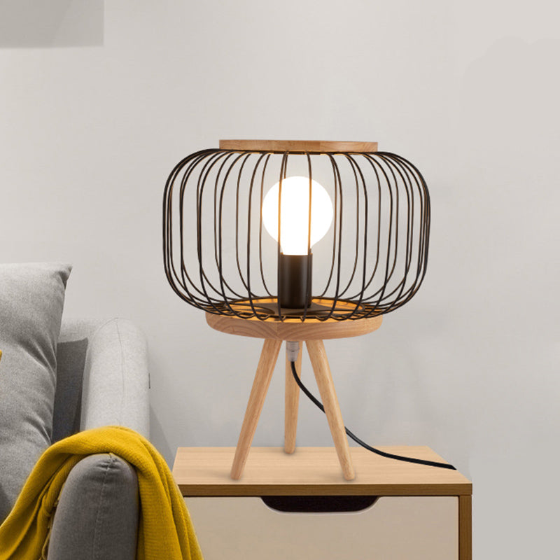 Modern Table Lamp - Drum Cage Iron Light With Wood Tripod Base White/Black Finish