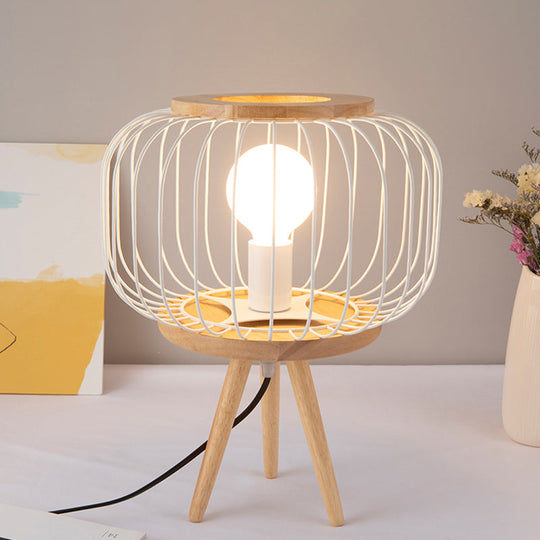 Modern Table Lamp - Drum Cage Iron Light With Wood Tripod Base White/Black Finish White