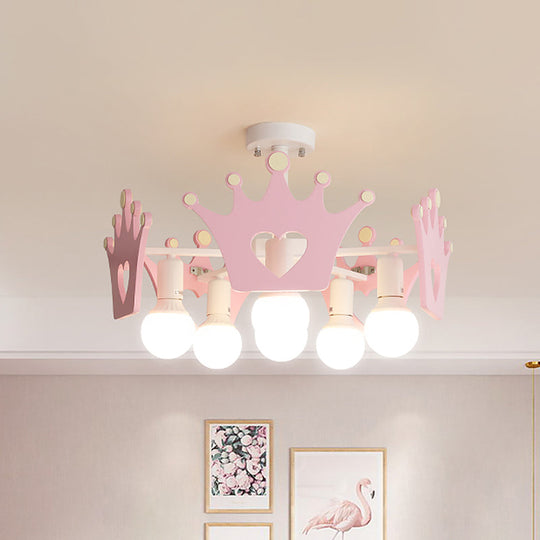 Pink Sputnik Semi Flush Mount Ceiling Light - Nordic Style with 6 Metal Bulbs and Wooden Crown Deco