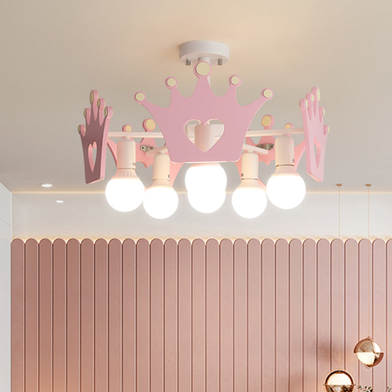 Pink Sputnik Semi Flush Mount Ceiling Light - Nordic Style with 6 Metal Bulbs and Wooden Crown Deco