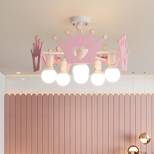 Pink Sputnik Semi Flush Mount Ceiling Light - Nordic Style with 6 Metal Bulbs and Wooden Crown Deco