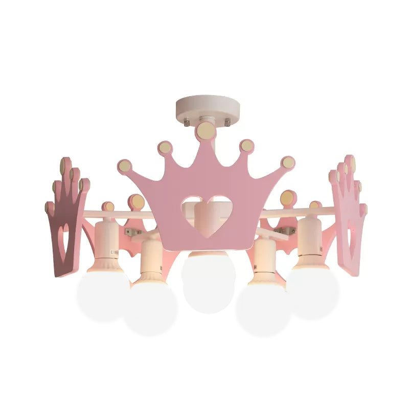 Pink Sputnik Semi Flush Mount Ceiling Light - Nordic Style with 6 Metal Bulbs and Wooden Crown Deco