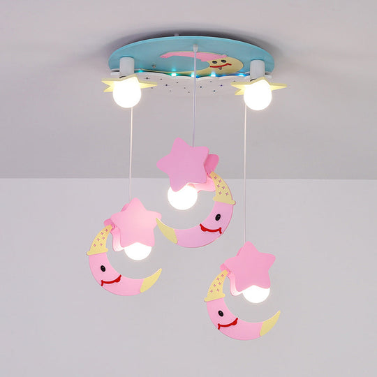 Wooden Moon and Star Semi Flush Mount Ceiling Light with Cartoon Design - 5 Blue/Pink Lights