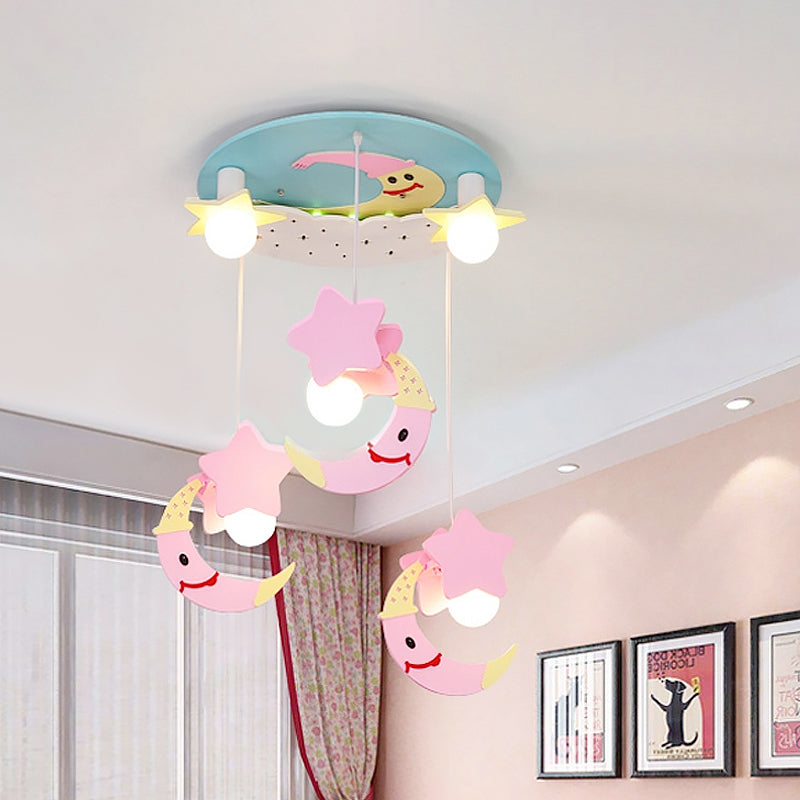 Wooden Moon and Star Semi Flush Mount Ceiling Light with Cartoon Design - 5 Blue/Pink Lights