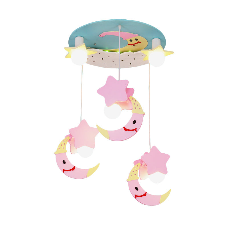 Wooden Moon and Star Semi Flush Mount Ceiling Light with Cartoon Design - 5 Blue/Pink Lights