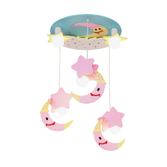 Wooden Moon and Star Semi Flush Mount Ceiling Light with Cartoon Design - 5 Blue/Pink Lights