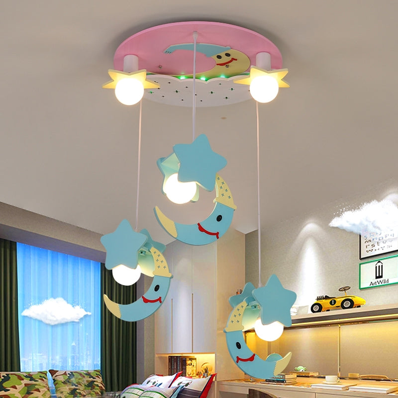 Wooden Moon and Star Semi Flush Mount Ceiling Light with Cartoon Design - 5 Blue/Pink Lights